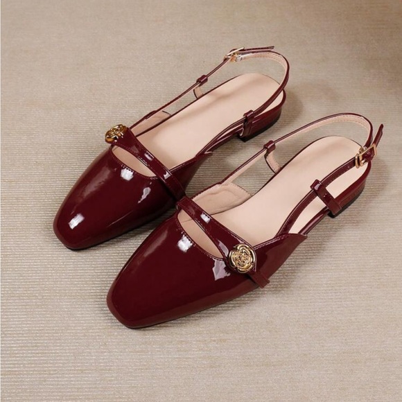 Burgundy, maroon, dark red Round toe Mary Jane style slingback faux patent flats - Picture 2 of 5